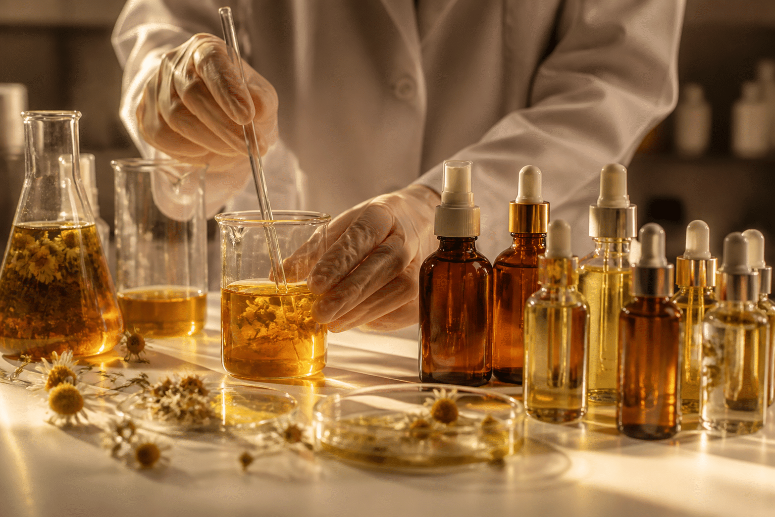 Cosmetic formulation workspace with beakers, serums, and toners being carefully mixed and tested in professional laboratory