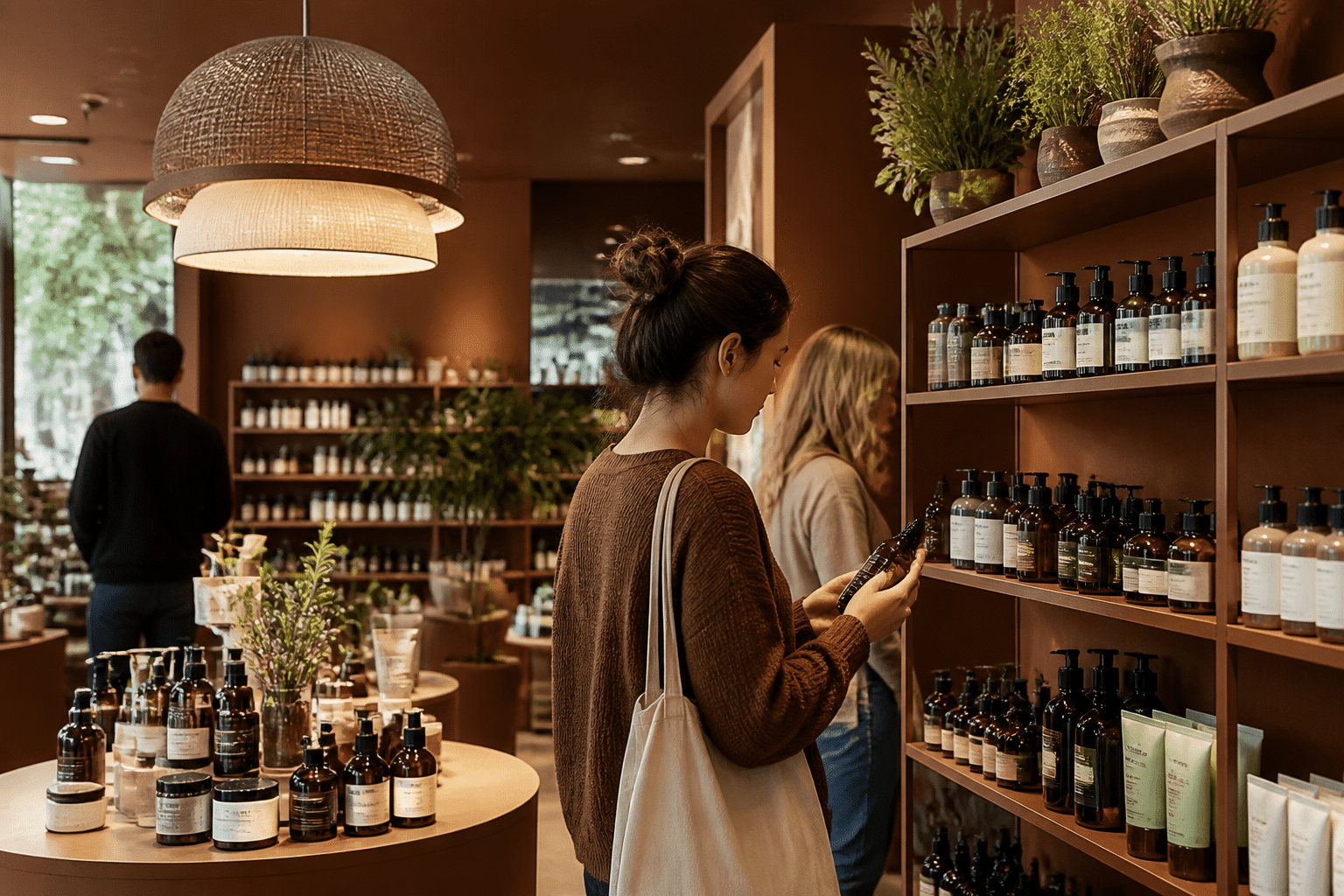 Consumers shopping for natural organic skincare products on shelves in a modern beauty store
