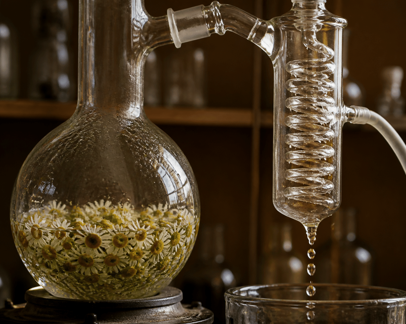 Close-up of chamomile flowers in steam distillation glassware with condensing hydrosol droplets