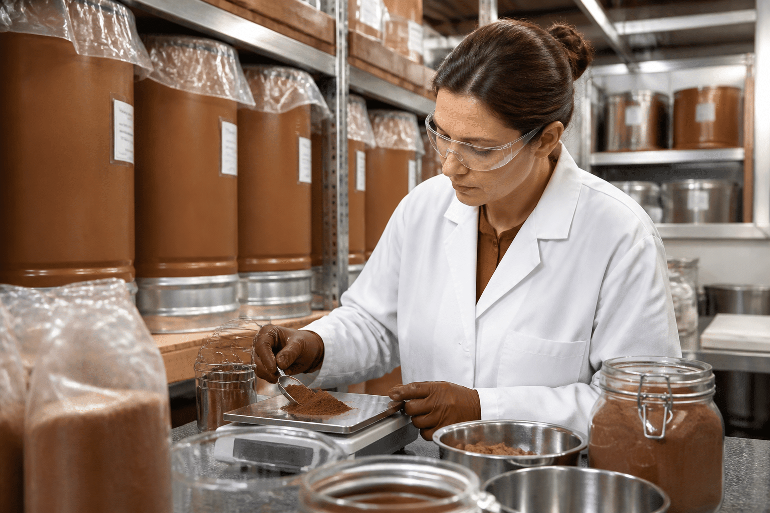 Quality control laboratory technician analyzing bulk ingredient containers with precision testing equipment