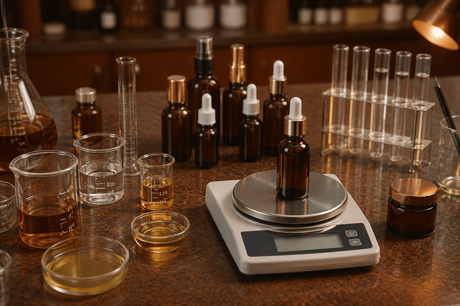 Cosmetic formulation lab bench with beakers, scales, and skincare serum bottles being developed