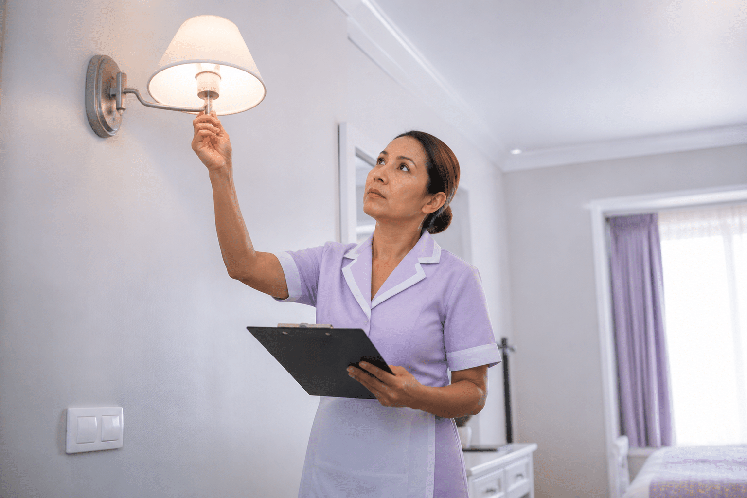 Housekeeper performing systematic room inspection checking light fixture and electrical outlets with professional checklist