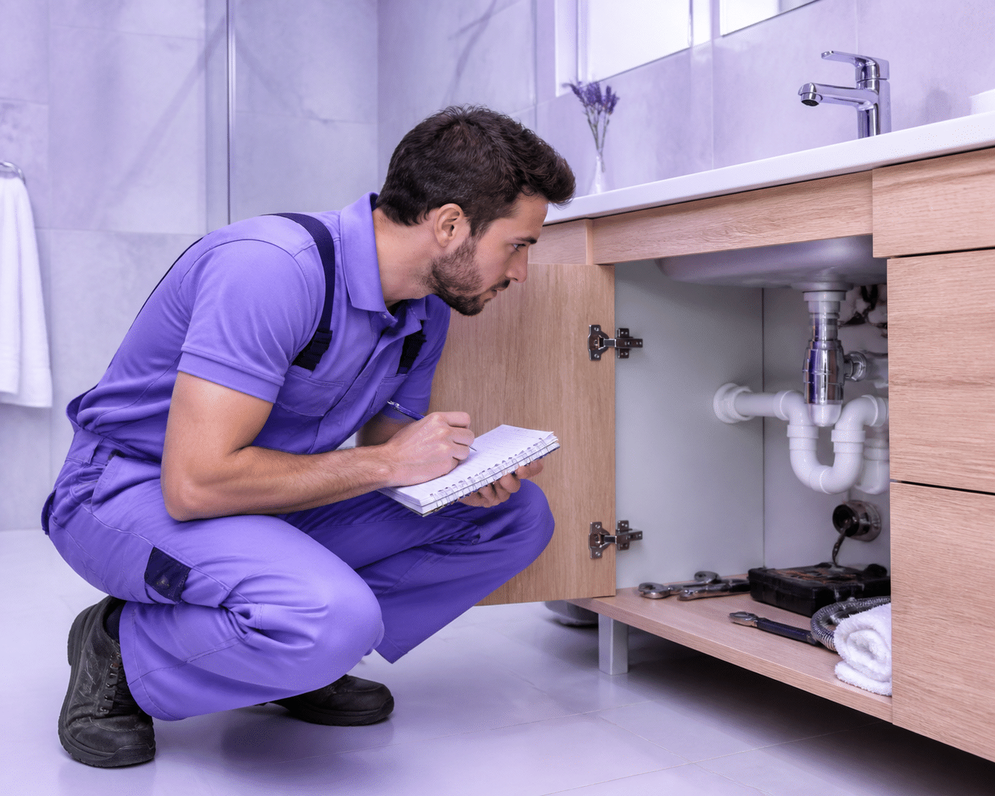 Hotel maintenance technician inspecting bathroom plumbing under sink with professional tools and inspection notepad
