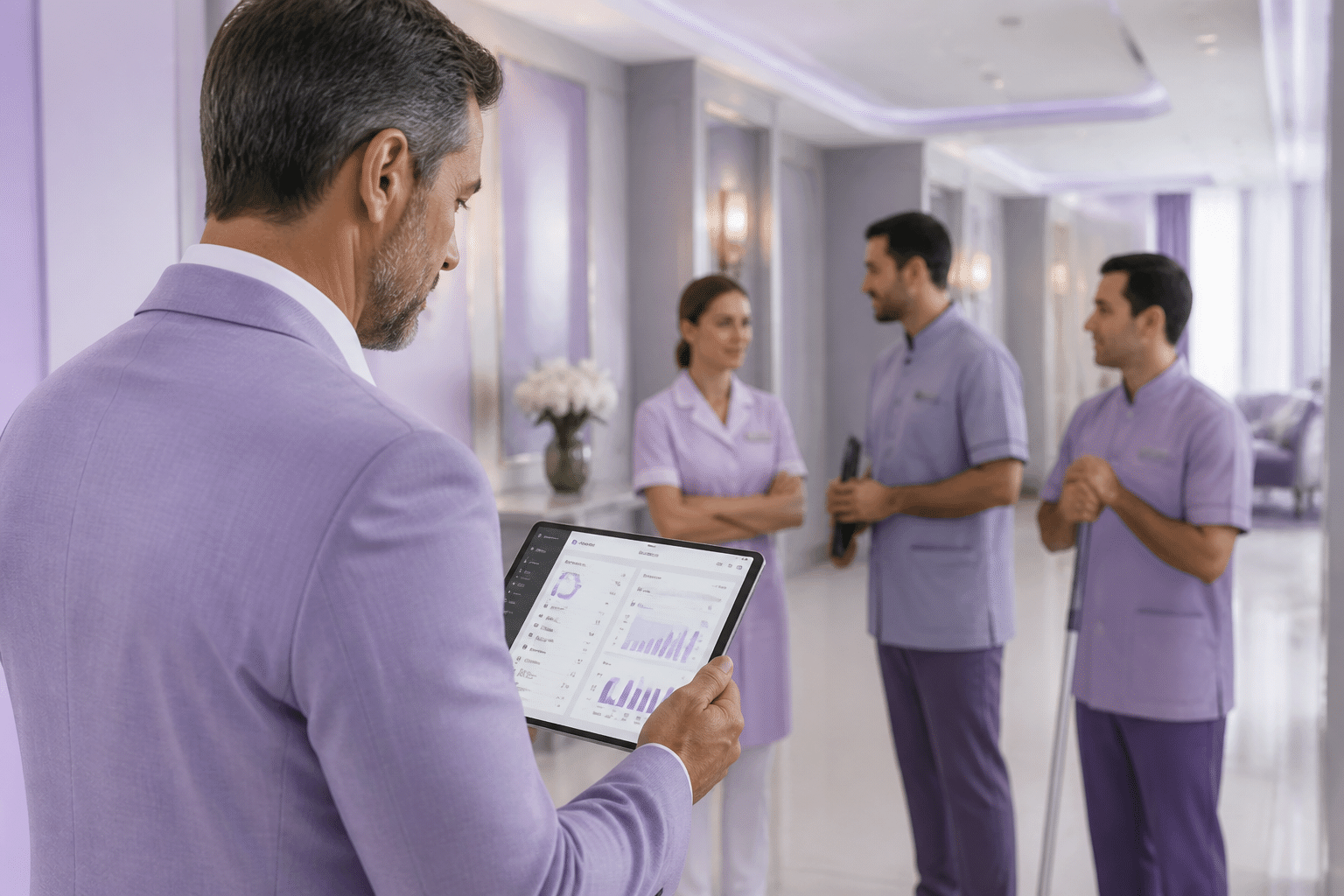 Hotel manager reviewing digital maintenance dashboard on tablet with maintenance team members collaborating in background