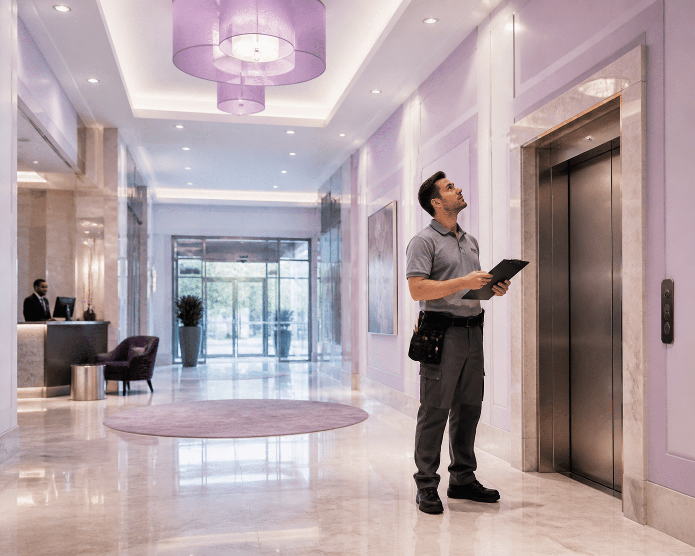 Maintenance staff checking hotel lobby lighting, elevator controls, and signage with professional inspection clipboard