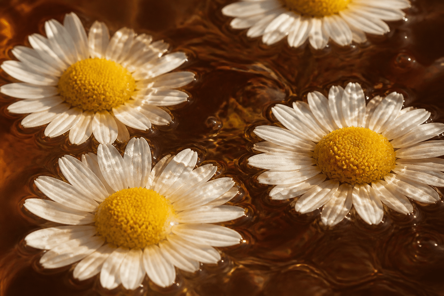 Chamomile flowers floating in clear hydrosol water with warm natural lighting