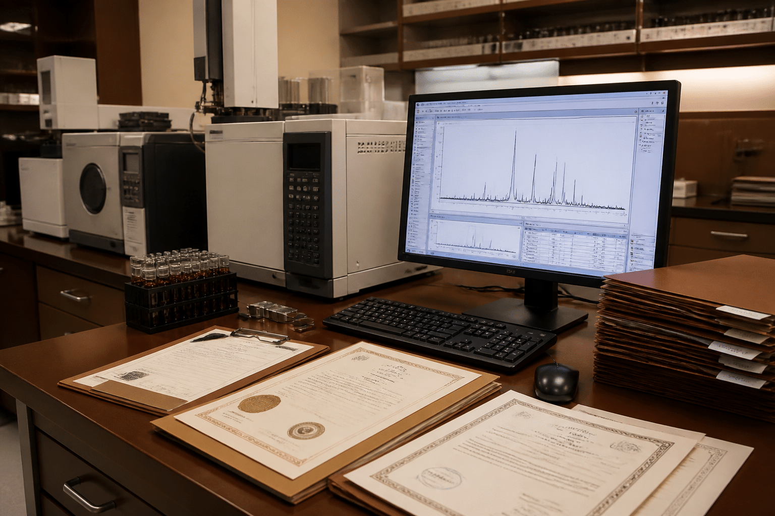 Quality control testing setup with GC/MS chromatogram data on monitor and certified lab documentation