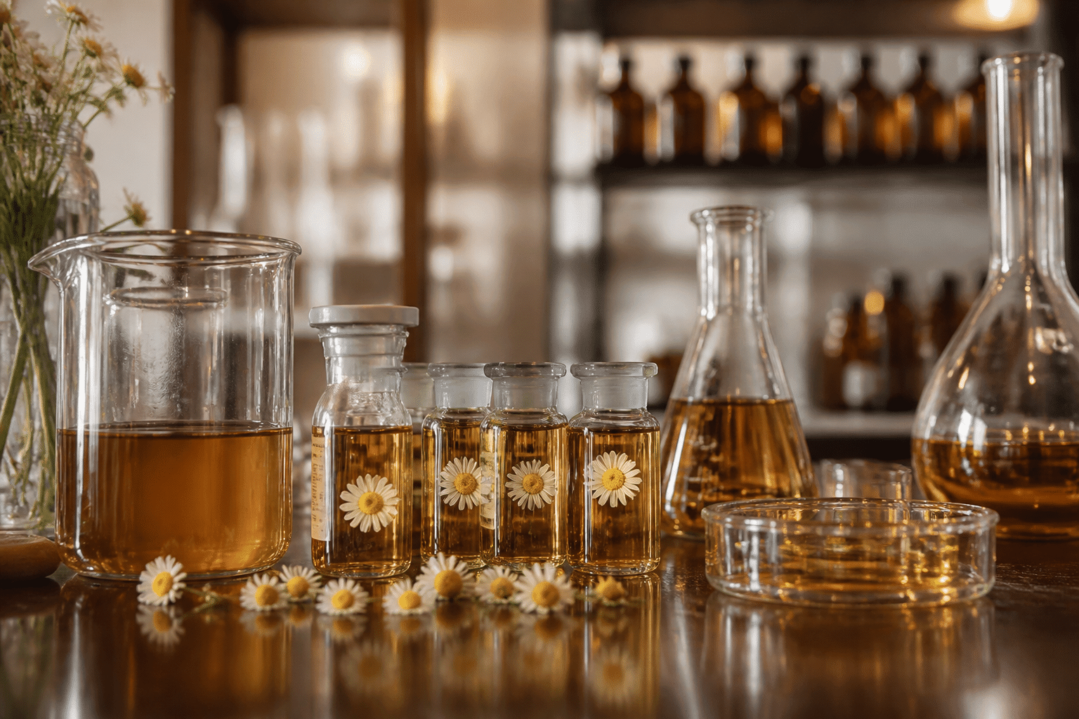 Professional laboratory beakers and vials containing chamomile hydrosol with scientific equipment