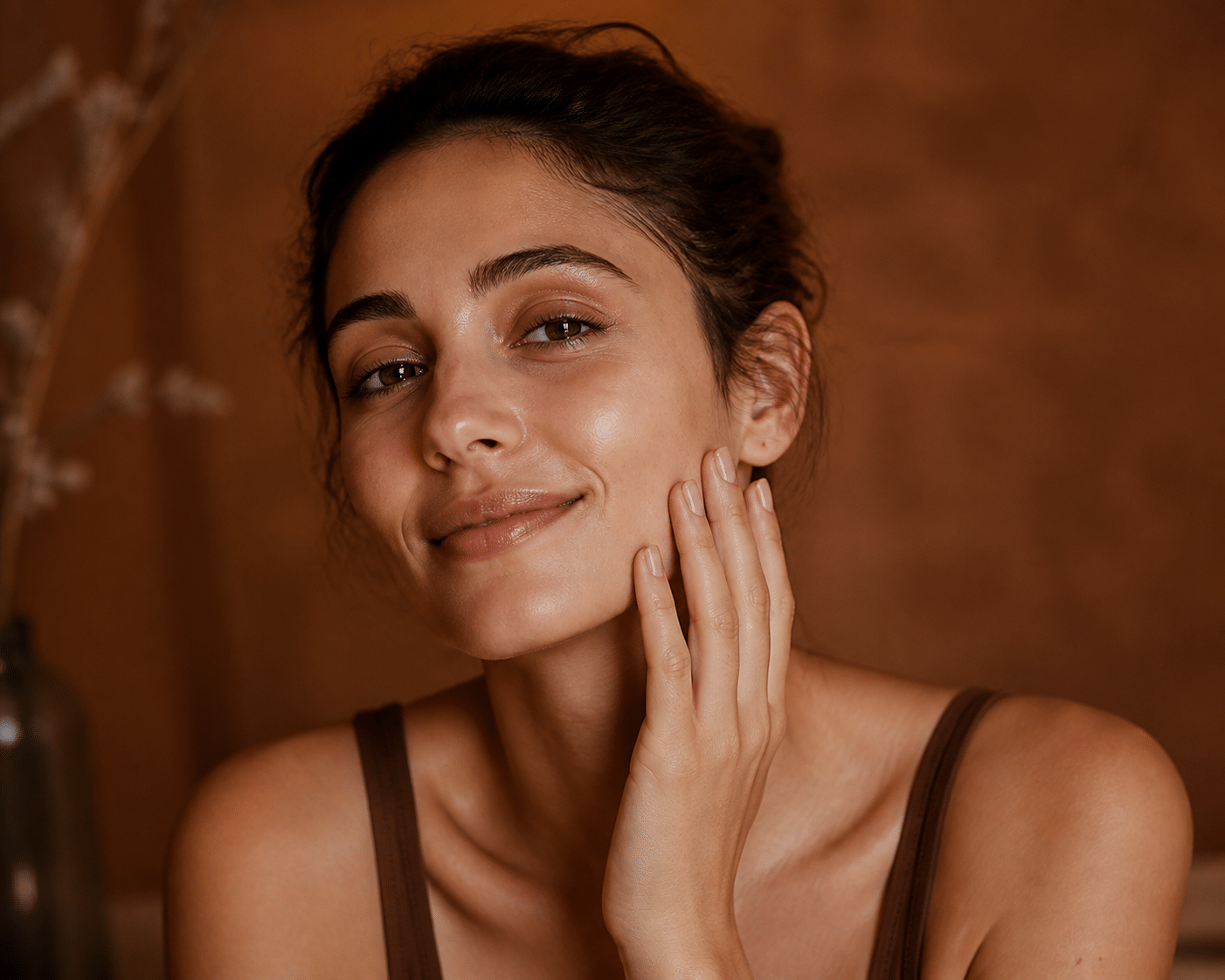 Woman with calm, clear complexion gently touching her face in soft, warm lighting that conveys skincare benefits and serenity