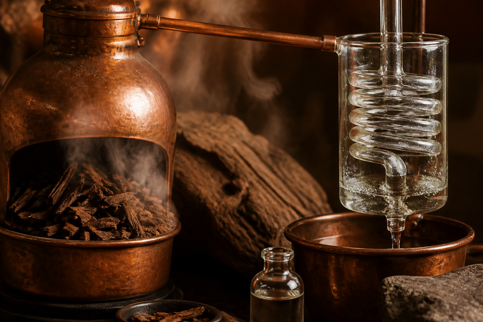 Copper still distillation apparatus with steam rising through sandalwood wood chips and aromatic water droplets collecting in glass condenser