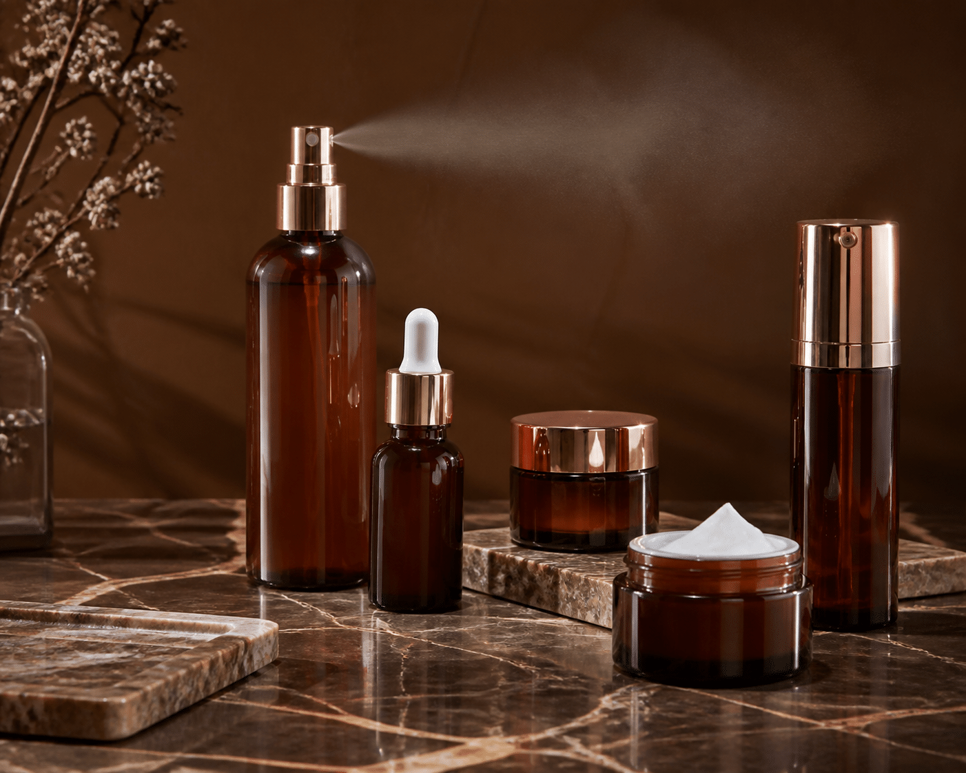Luxury cosmetic product display including toner bottles, serums, and jars arranged on marble surface showing premium formulation aesthetic
