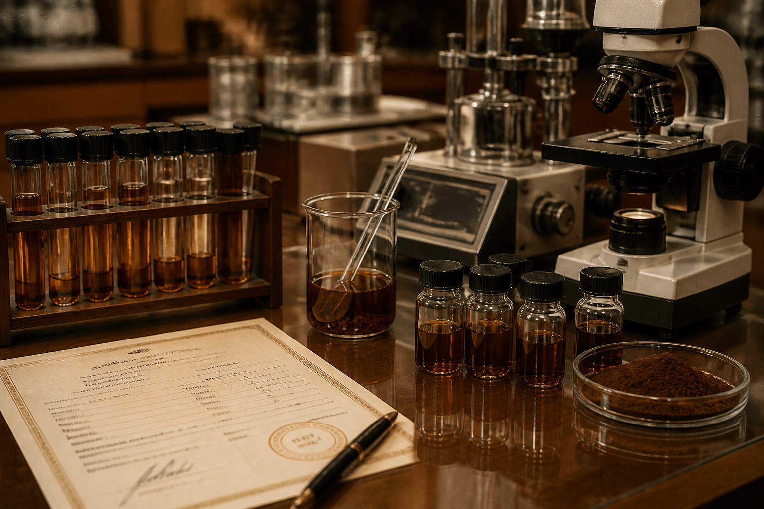 Laboratory analysis setup with sample vials, certificate of analysis document, and quality testing equipment emphasizing authenticity verification