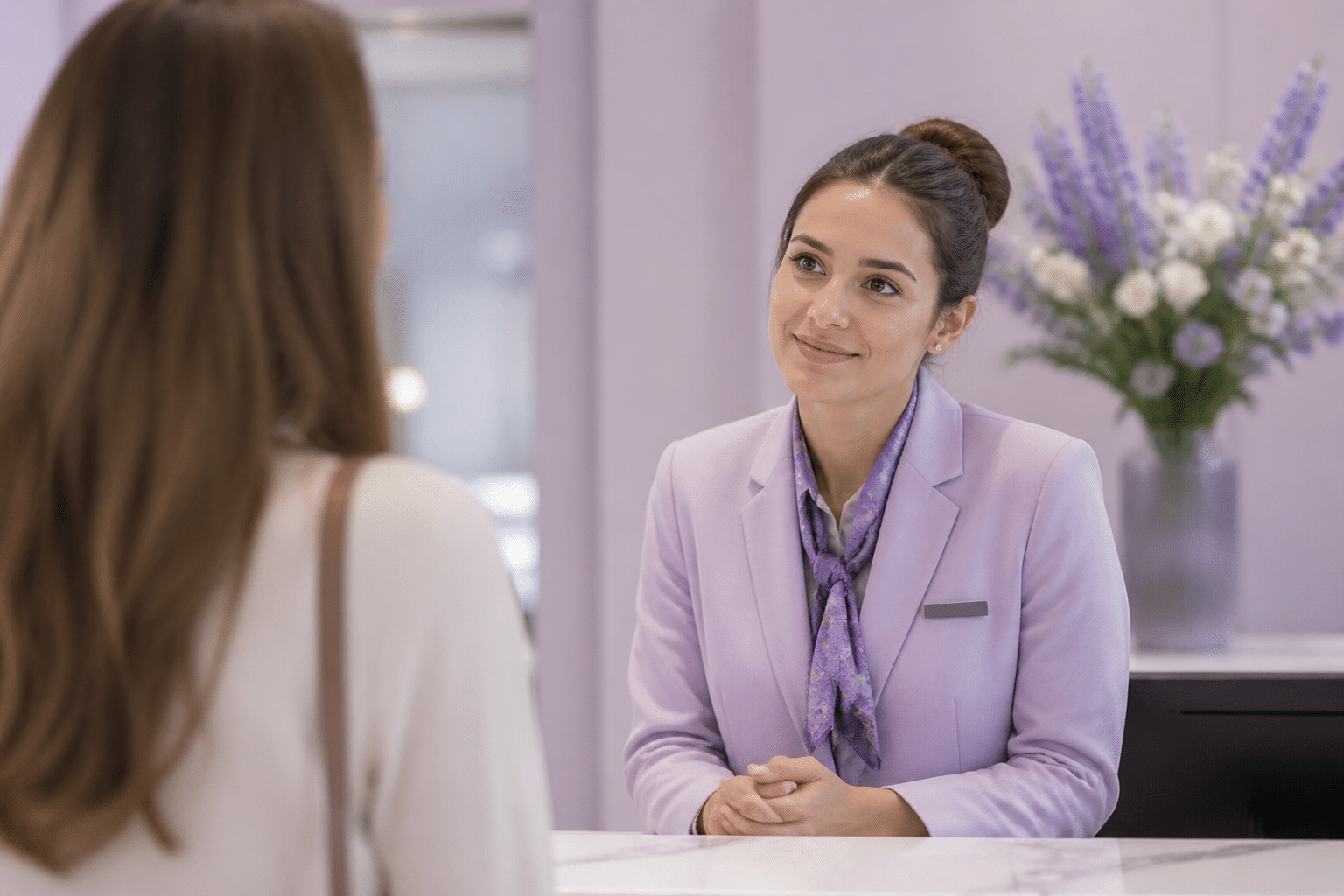 Hotel service representative listening empathetically to guest at front desk