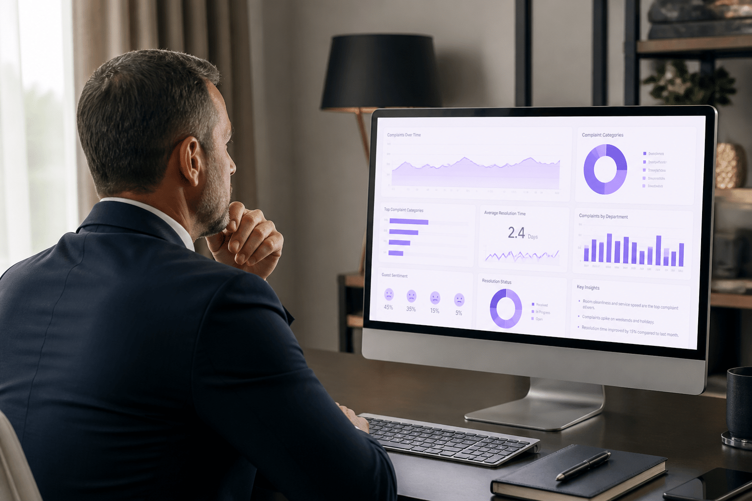 Hotel manager reviewing complaint analytics dashboard on computer screen