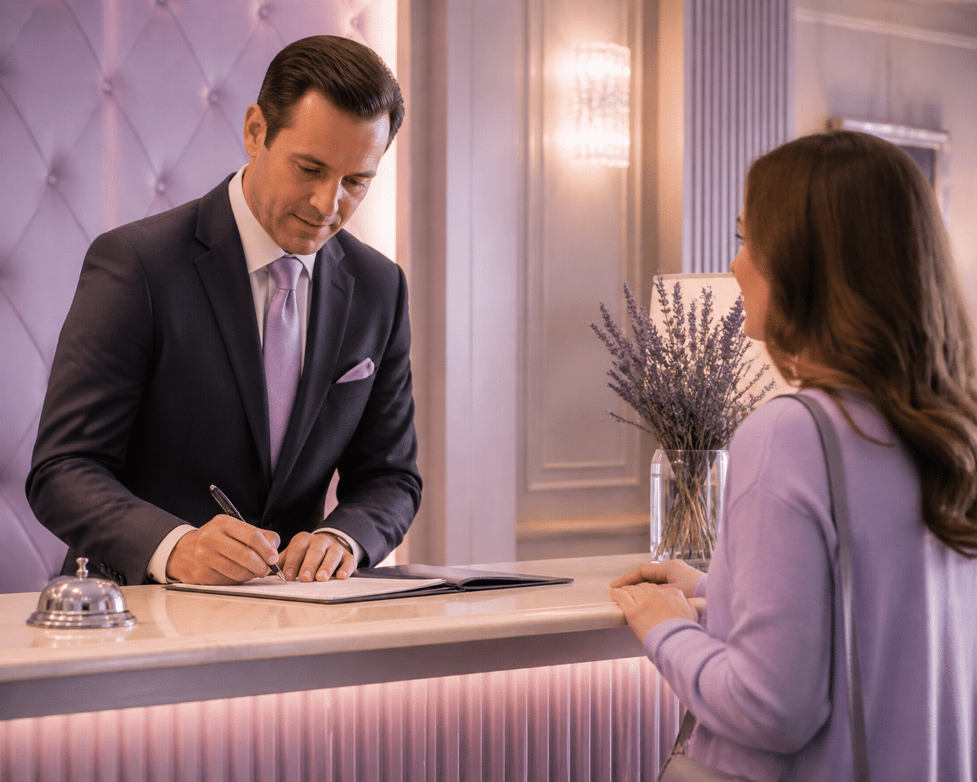 Hotel manager documenting and resolving guest complaint with professional attention
