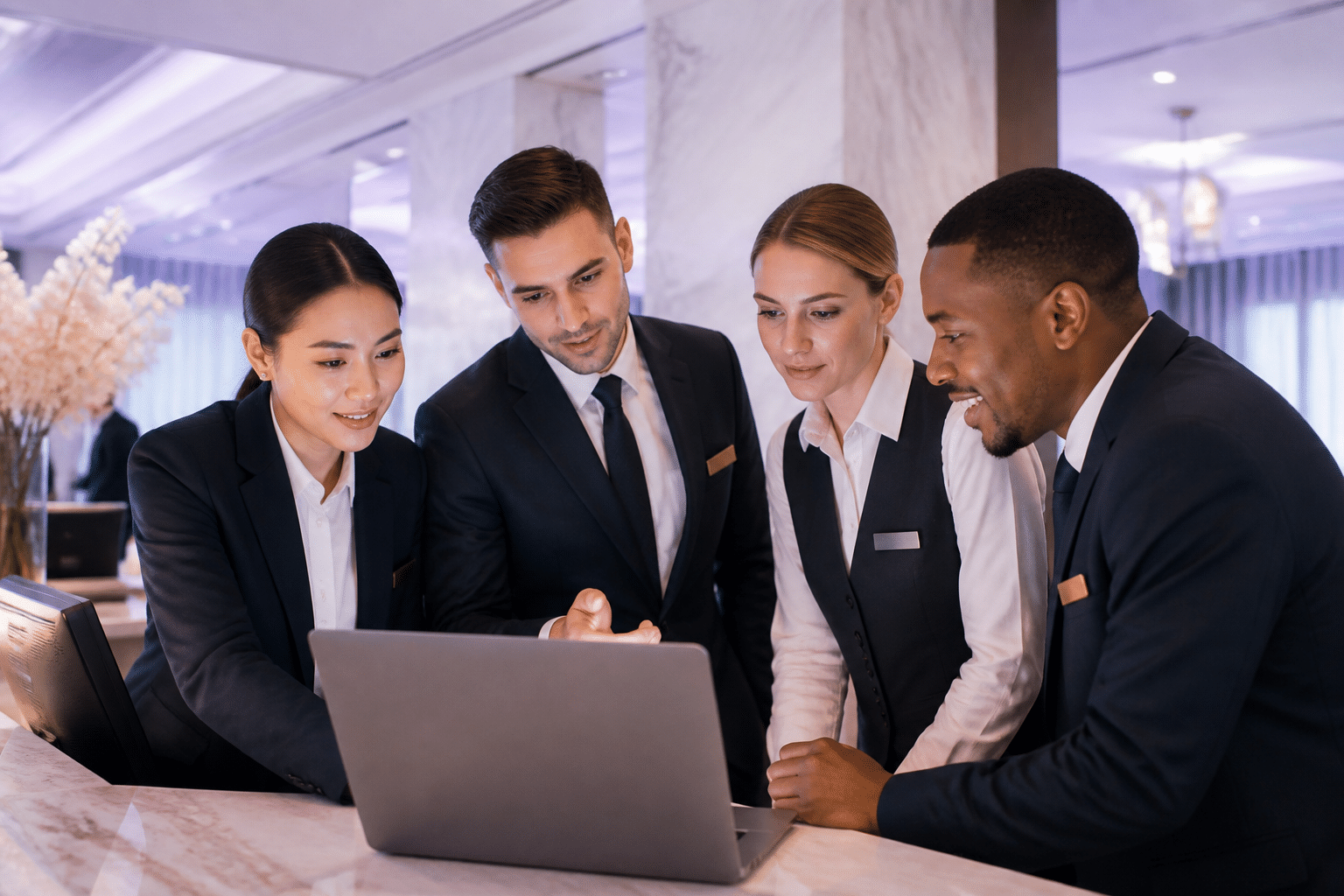 Hotel staff team collaborating and problem-solving together in hospitality setting