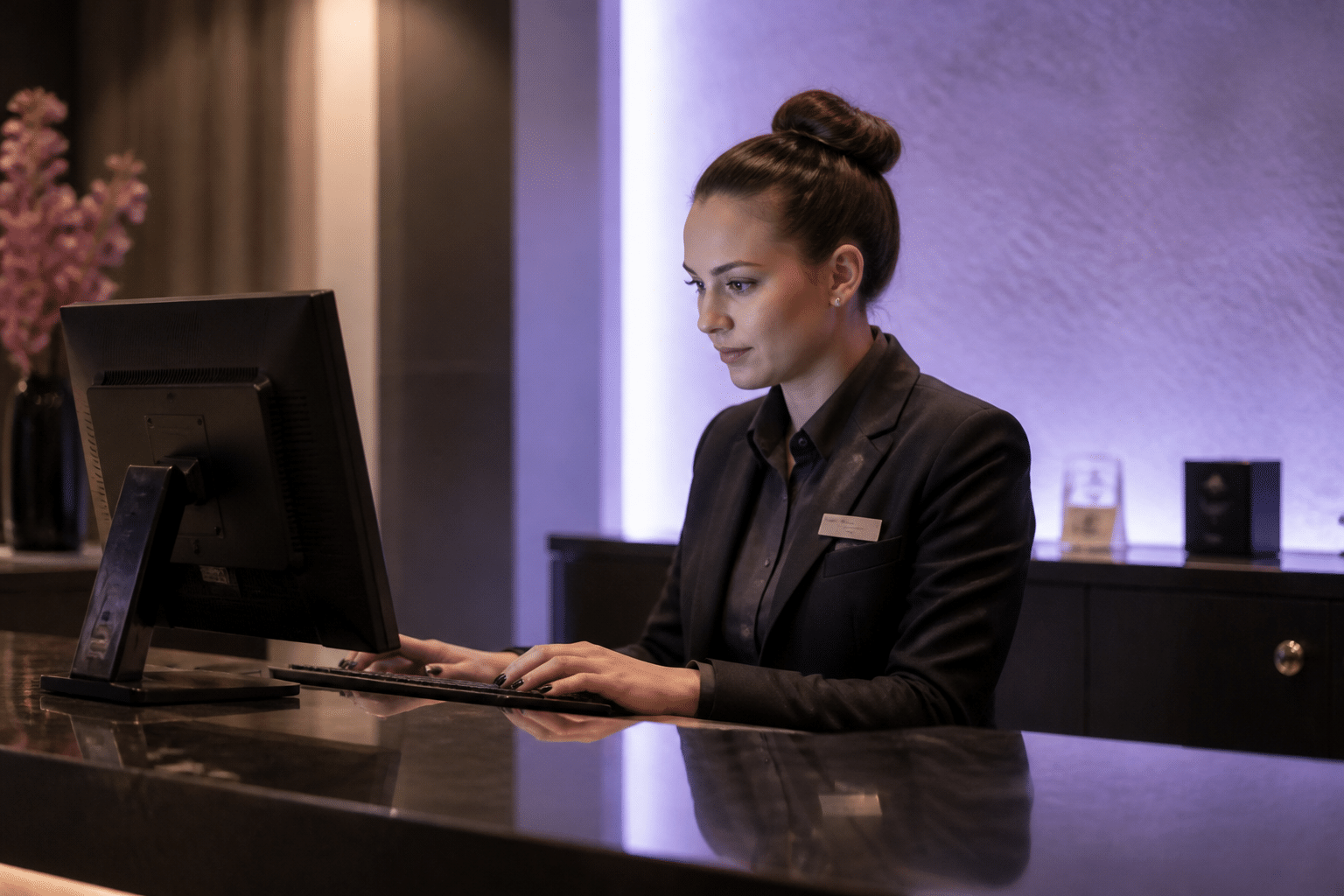 Hotel front desk agent entering data into PMS system with careful focus, purple accent lighting