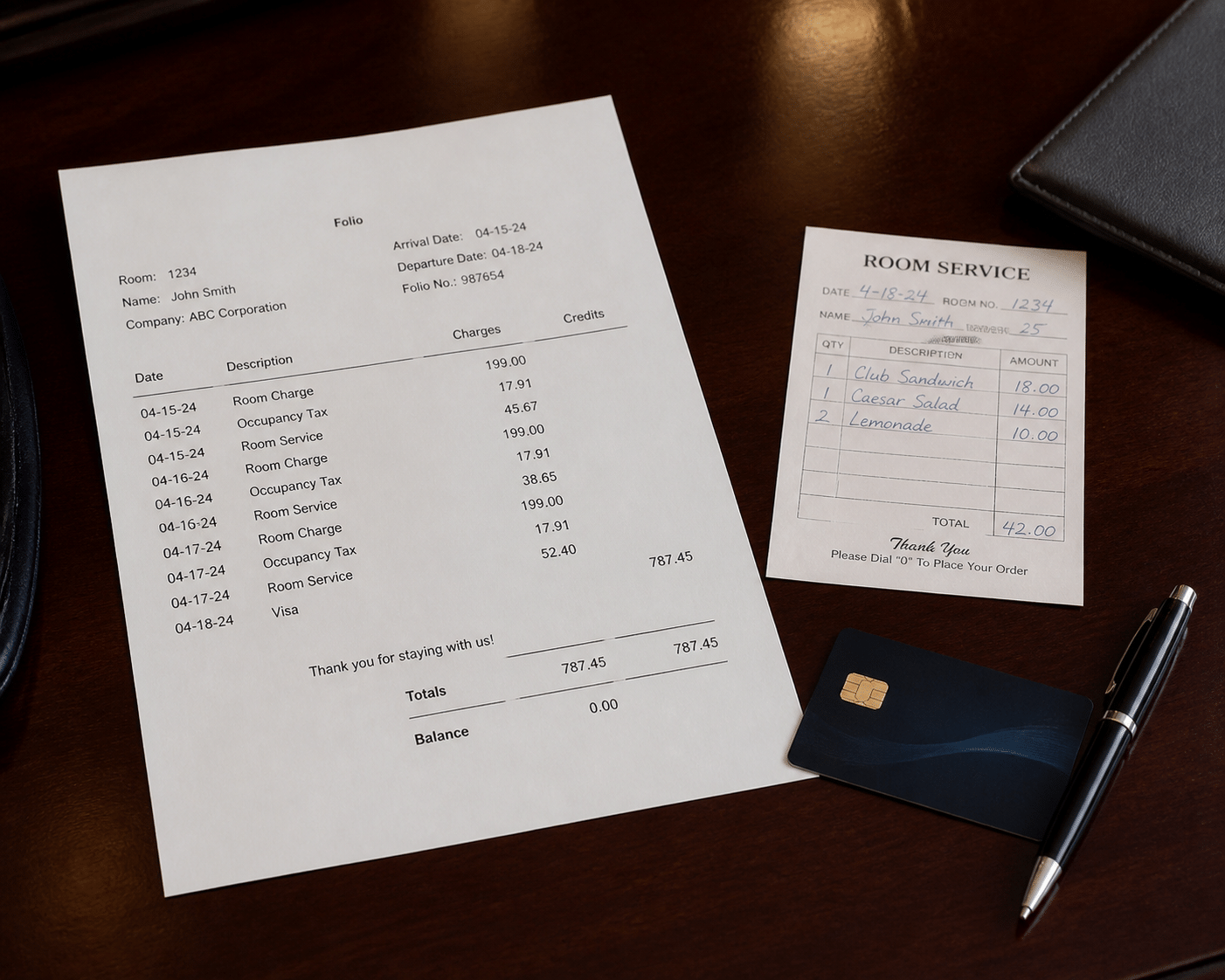 Hotel folio with itemized charges, room service slip, credit card, and pen on professional accounting desk