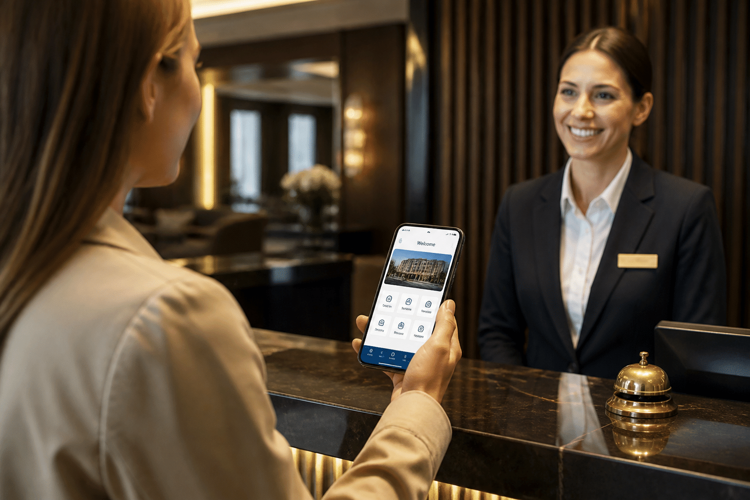 Guest using mobile hotel app during check-in process on smartphone with modern interface