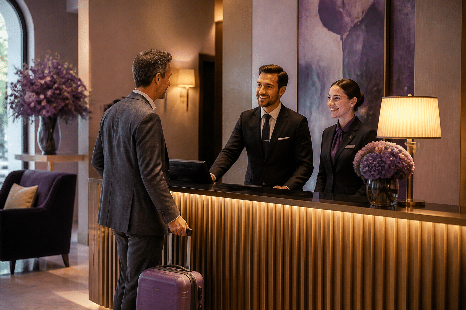 Boutique hotel front desk with staff greeting a returning guest in a warm, elegantly lit check-in area