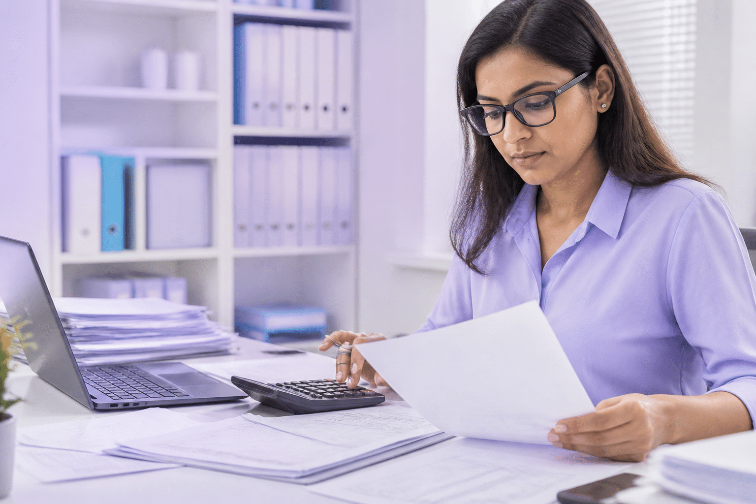 Accountant organizing business invoices and expense documents for tax credit tracking