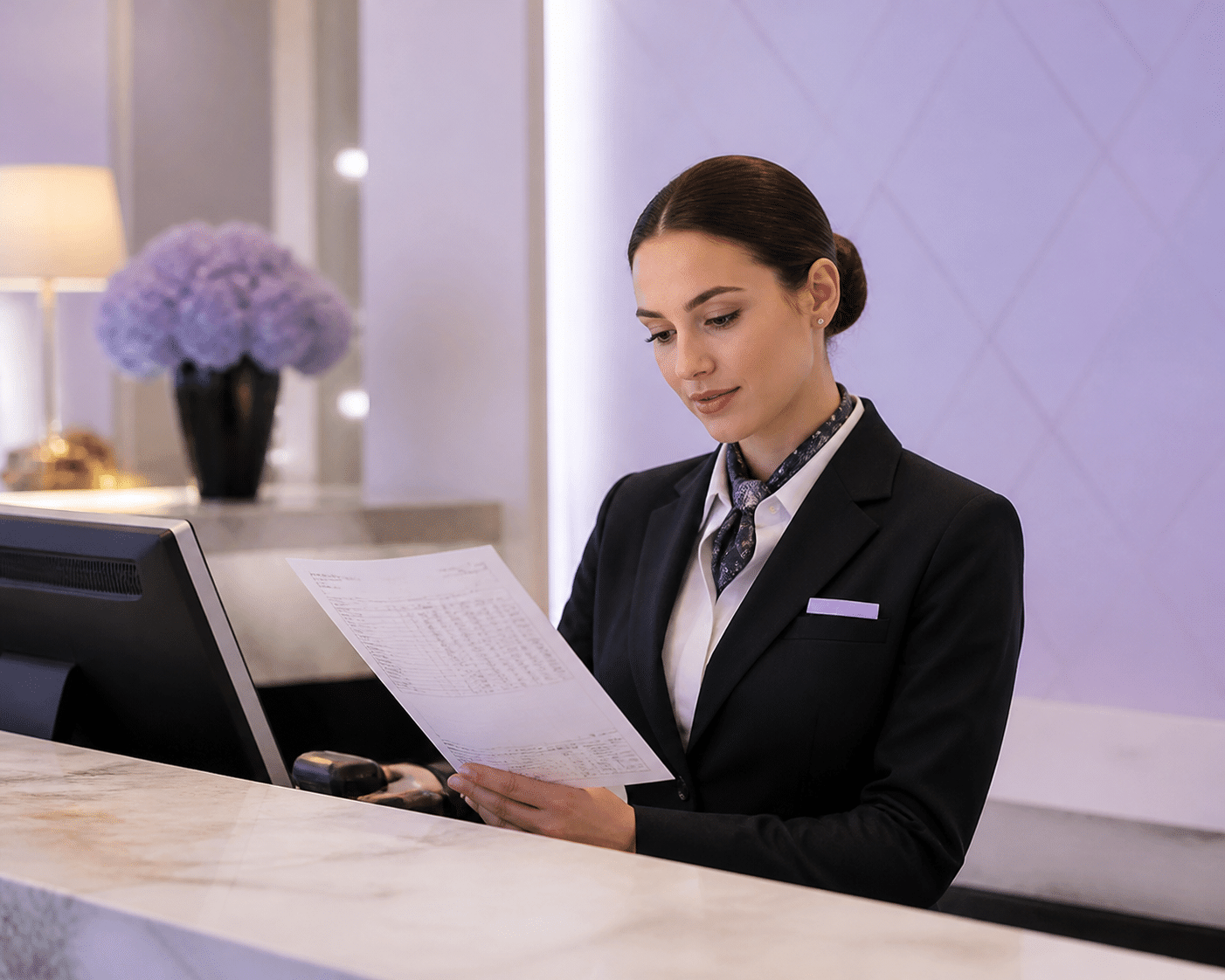 Hotel front desk staff reviewing invoice with tax rates and service codes