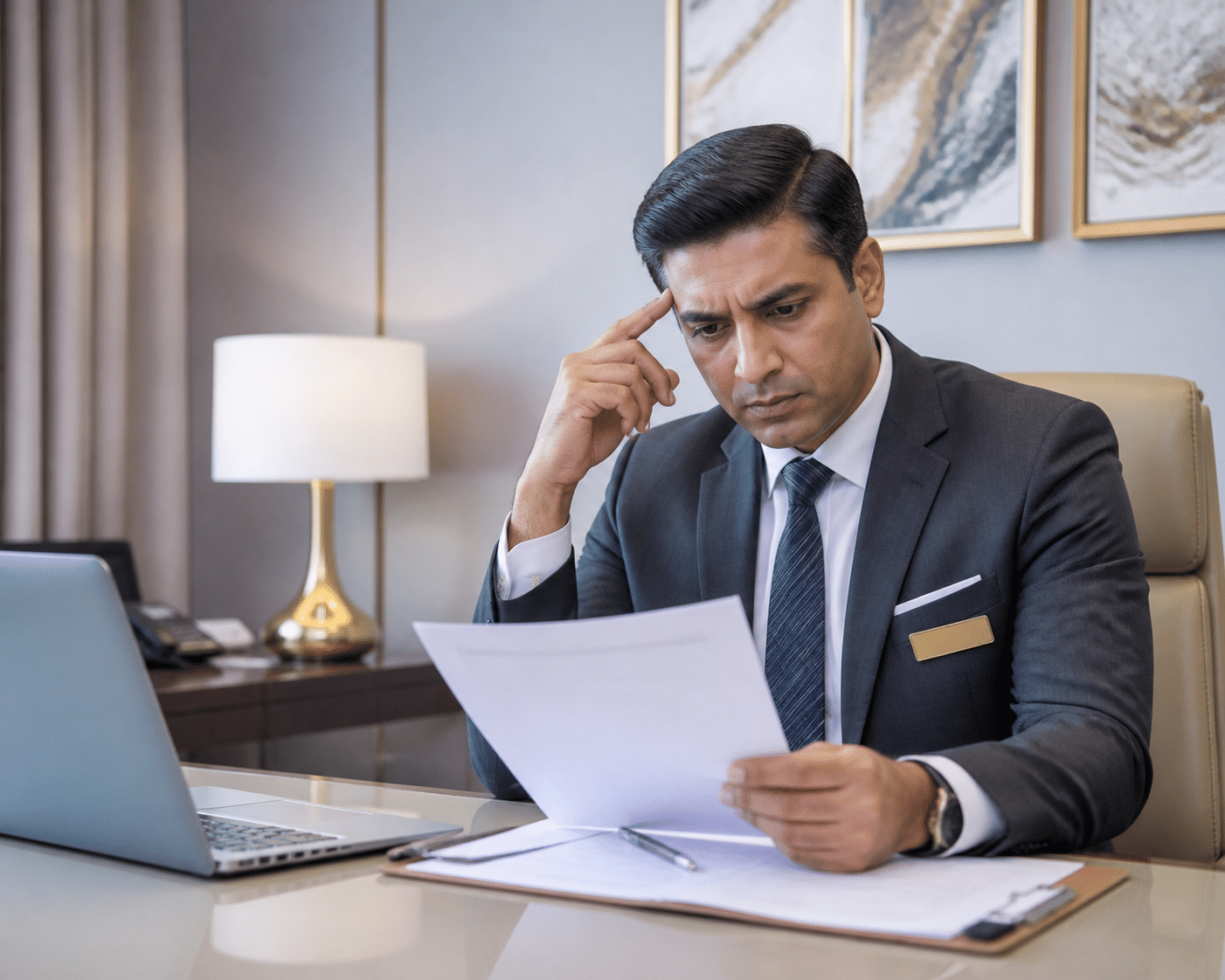 Hotel manager reviewing GST audit notice and penalty documentation at desk