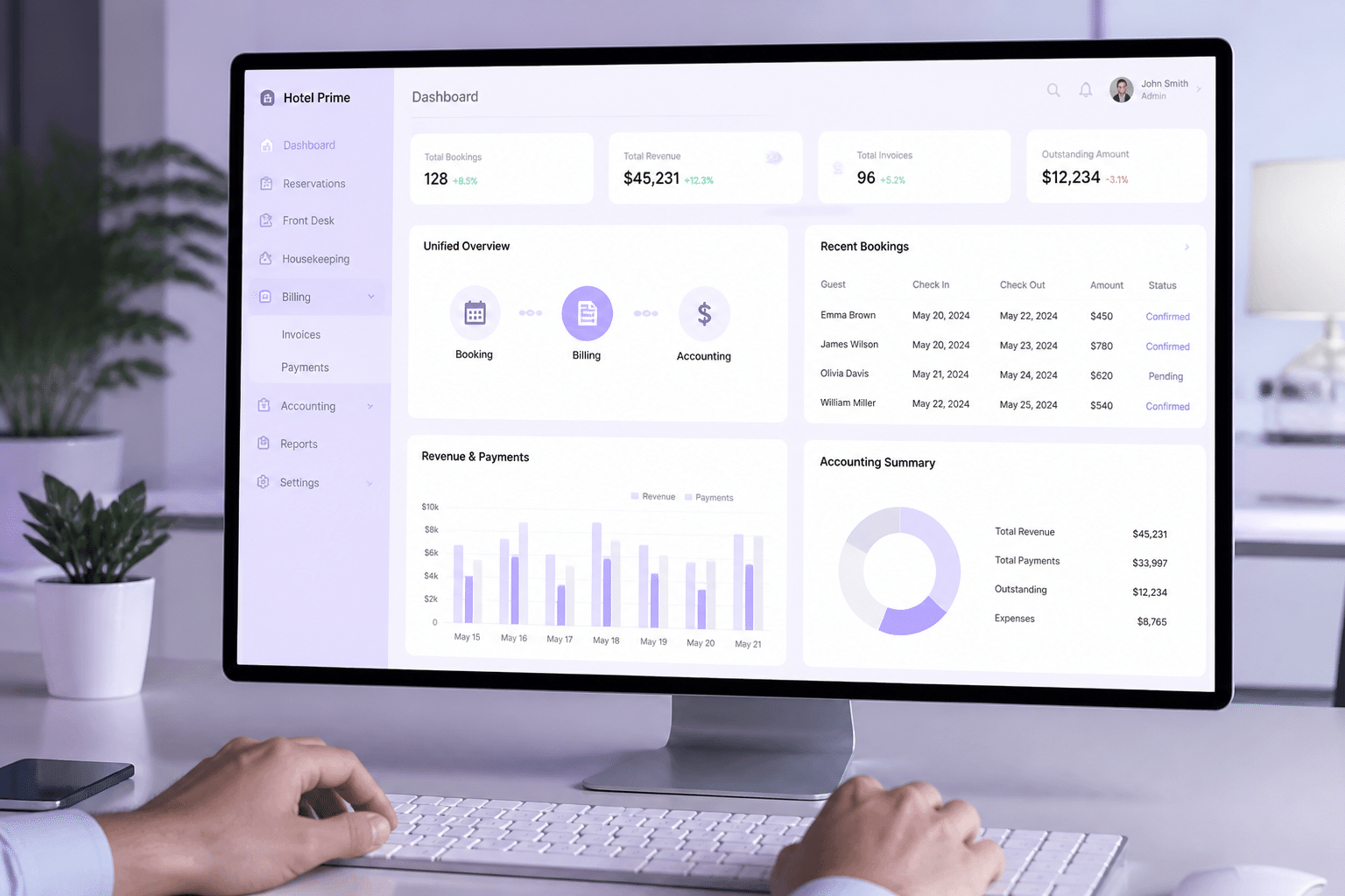 Hotel management system dashboard displaying integrated booking, billing and accounting modules