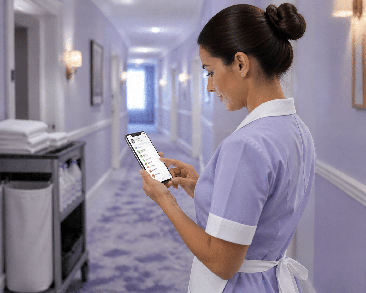 Housekeeper using mobile app to check room status tasks with clean rooms and maintenance alerts organized in priority order