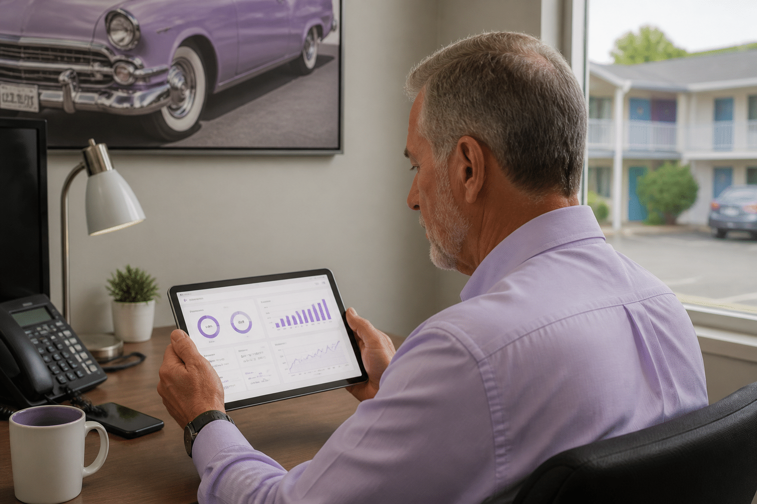 Motel manager reviewing analytics dashboard with occupancy rates, revenue charts, and pricing graphs on tablet