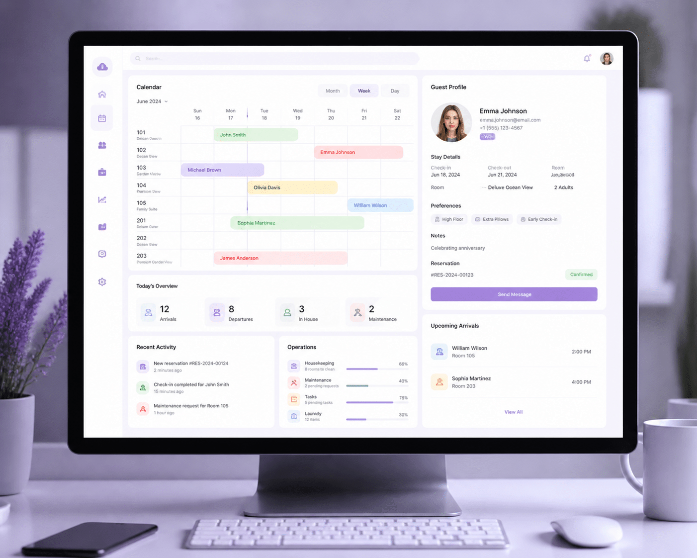 Unified cloud-based dashboard displaying integrated reservation calendar, guest profiles, and operations in one cohesive interface