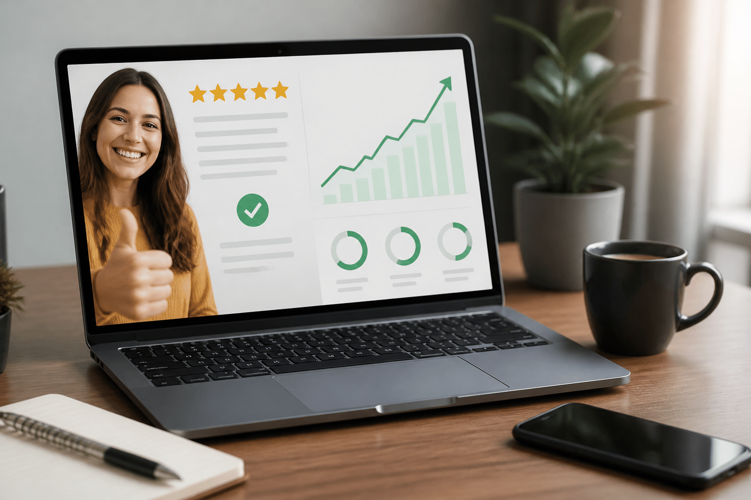 Positive online review and feedback displayed on screen showing growth and reputation success
