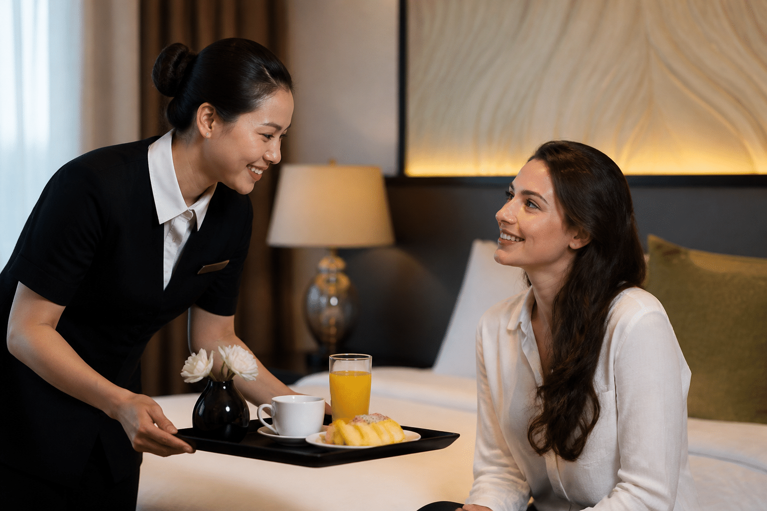 Hotel staff member providing attentive personalized service to a satisfied guest
