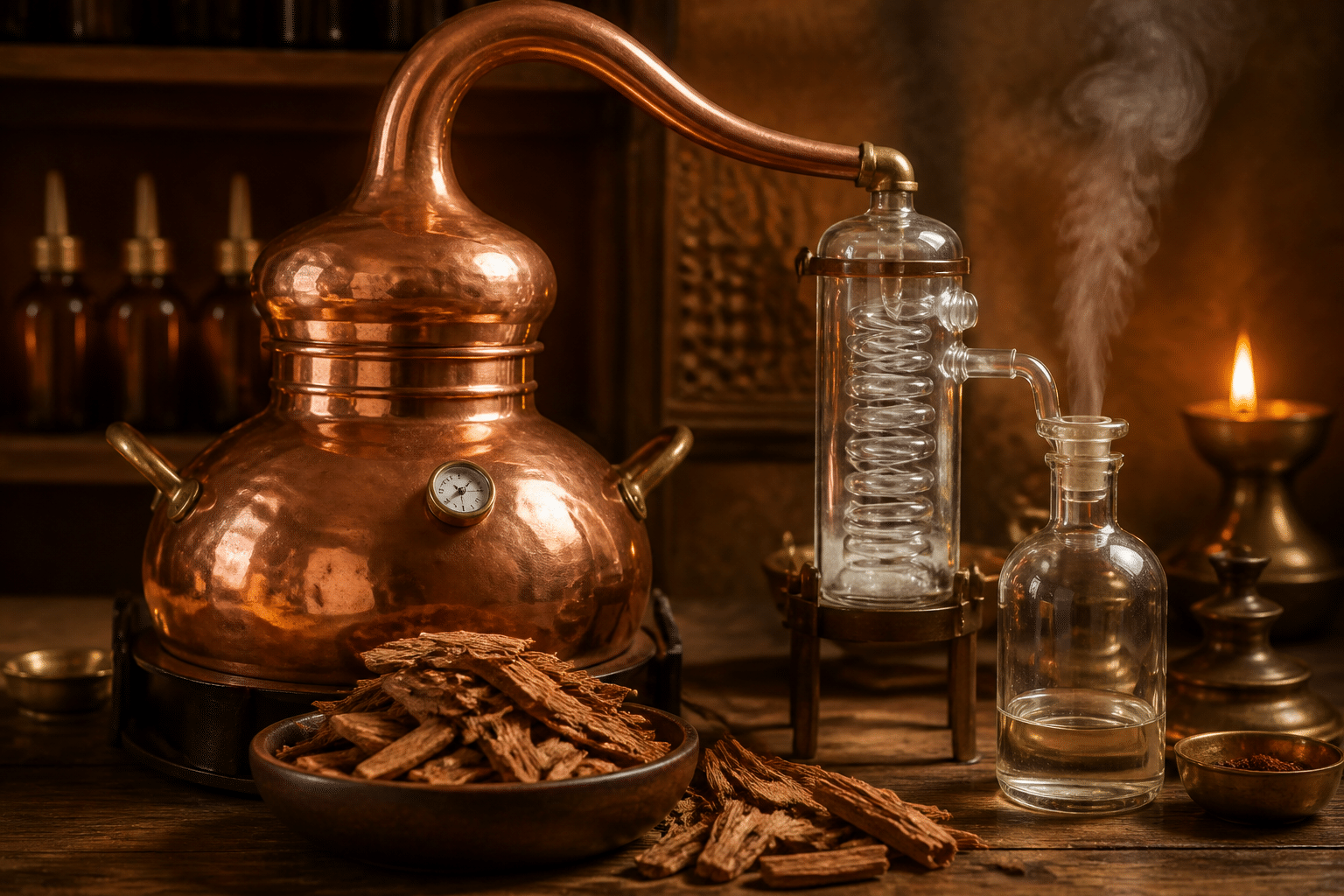 Traditional sandalwood distillation apparatus with copper still, glass condenser, and steam rising from aromatic wood chips