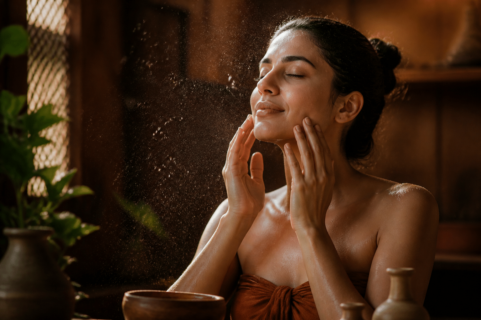 Serene woman receiving a refreshing sandalwood water mist as part of an Ayurvedic skincare ritual with soft natural lighting