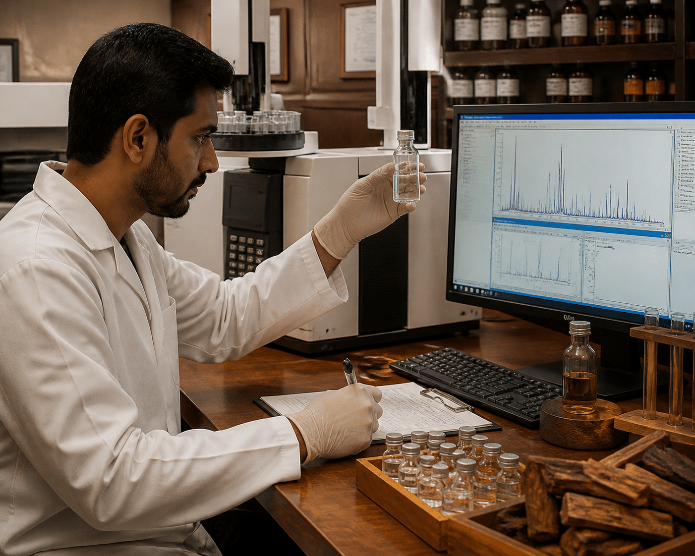 Laboratory technician examining sandalwood water sample bottle with quality control documentation and GC-MS chromatography data