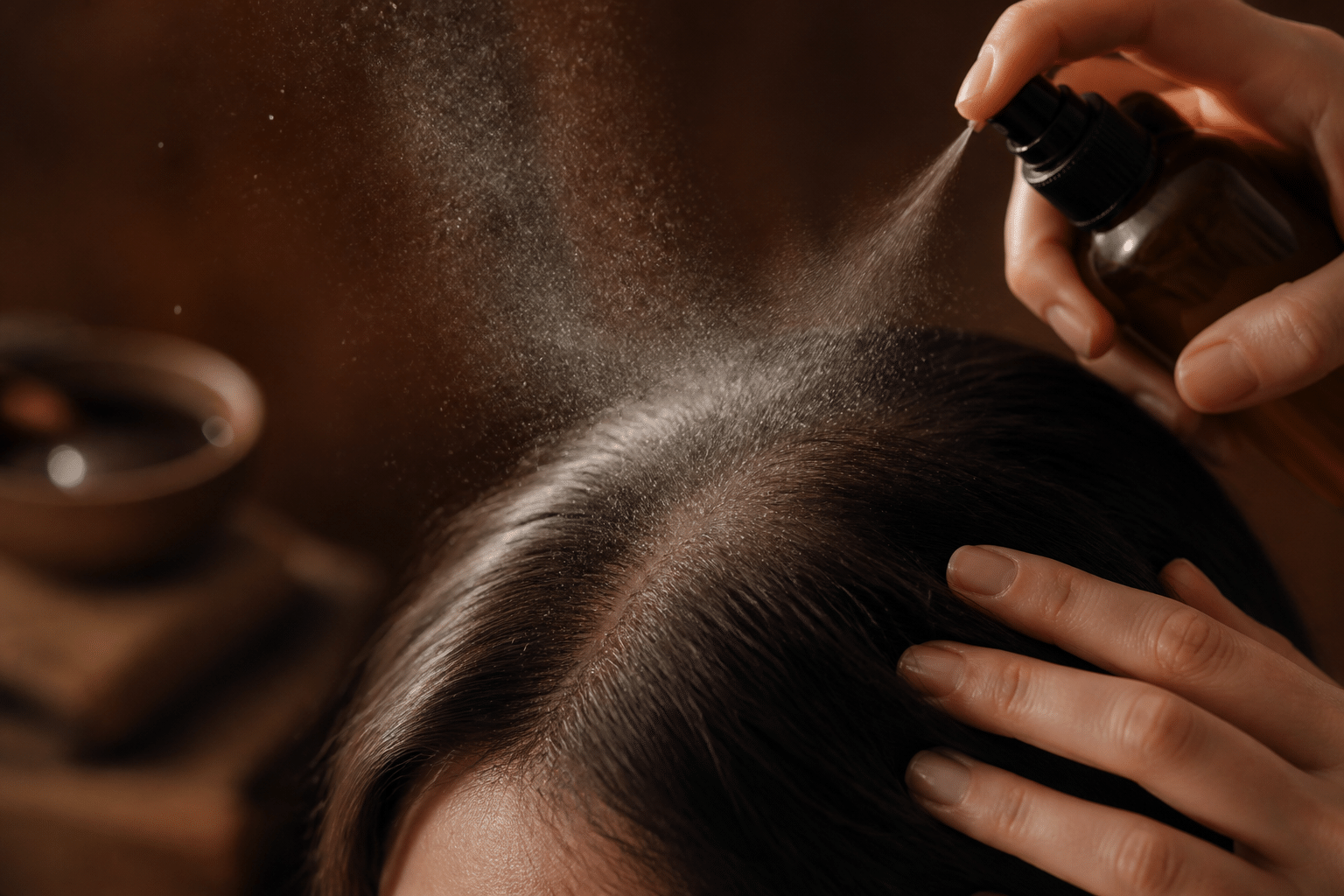 Close-up of scalp with sandalwood hydrosol mist application in a serene wellness setting