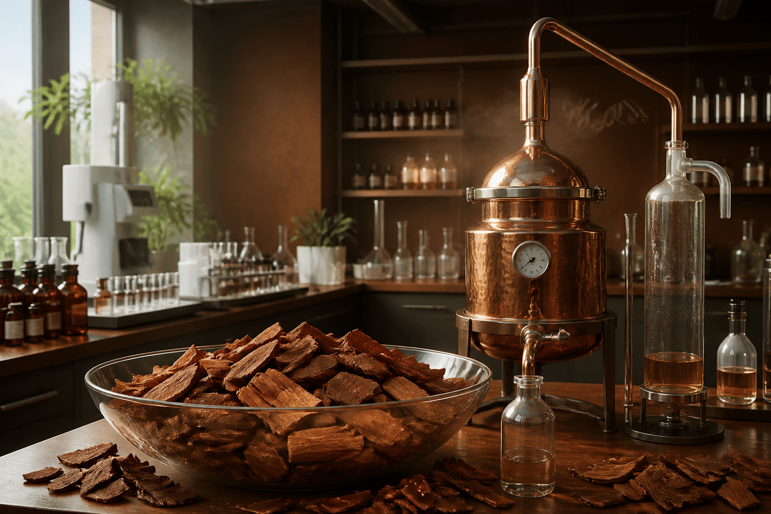 Sandalwood heartwood chips with steam distillation apparatus in a professional cosmetic laboratory