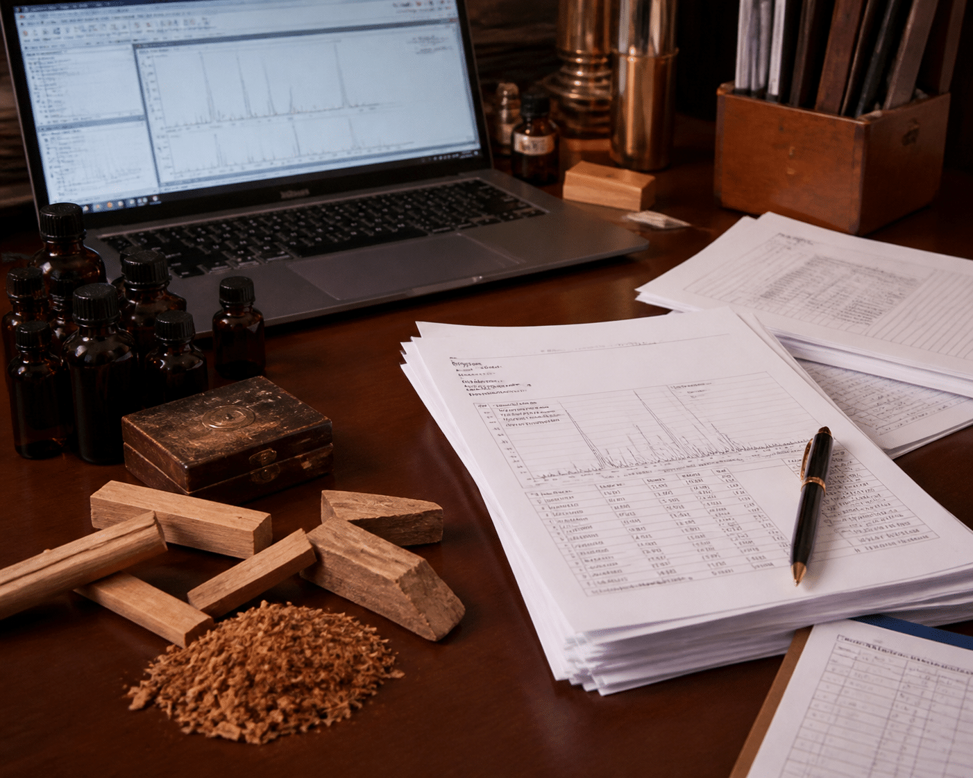 Procurement documentation including GC-MS lab reports and sandalwood raw materials on a manager's desk