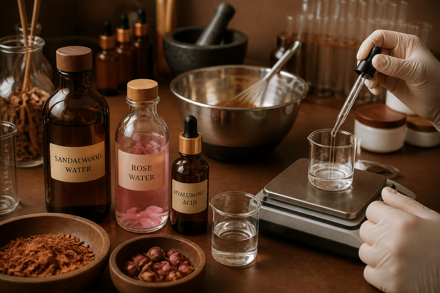 Cosmetic formulation bench with sandalwood water, rose water, hyaluronic acid bottles and mixing equipment