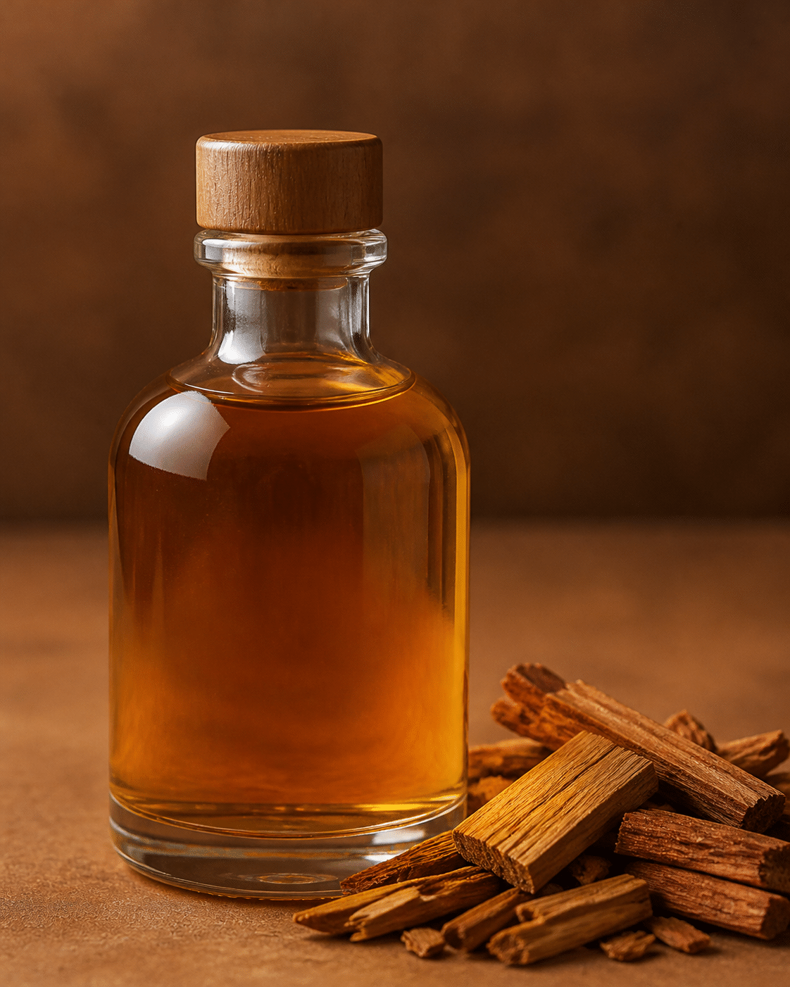 Clear glass bottle of pure sandalwood hydrosol with warm amber liquid and sandalwood wood chips displayed beside it