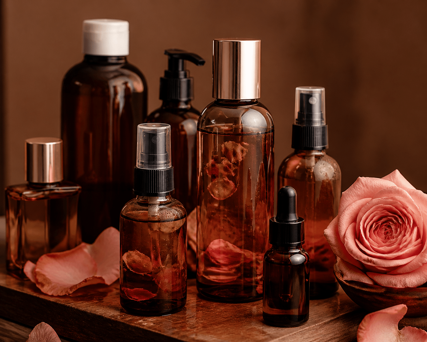 Collection of cosmetic bottles, mists, and toners with rose water and facial sprays arranged on warm wood surface