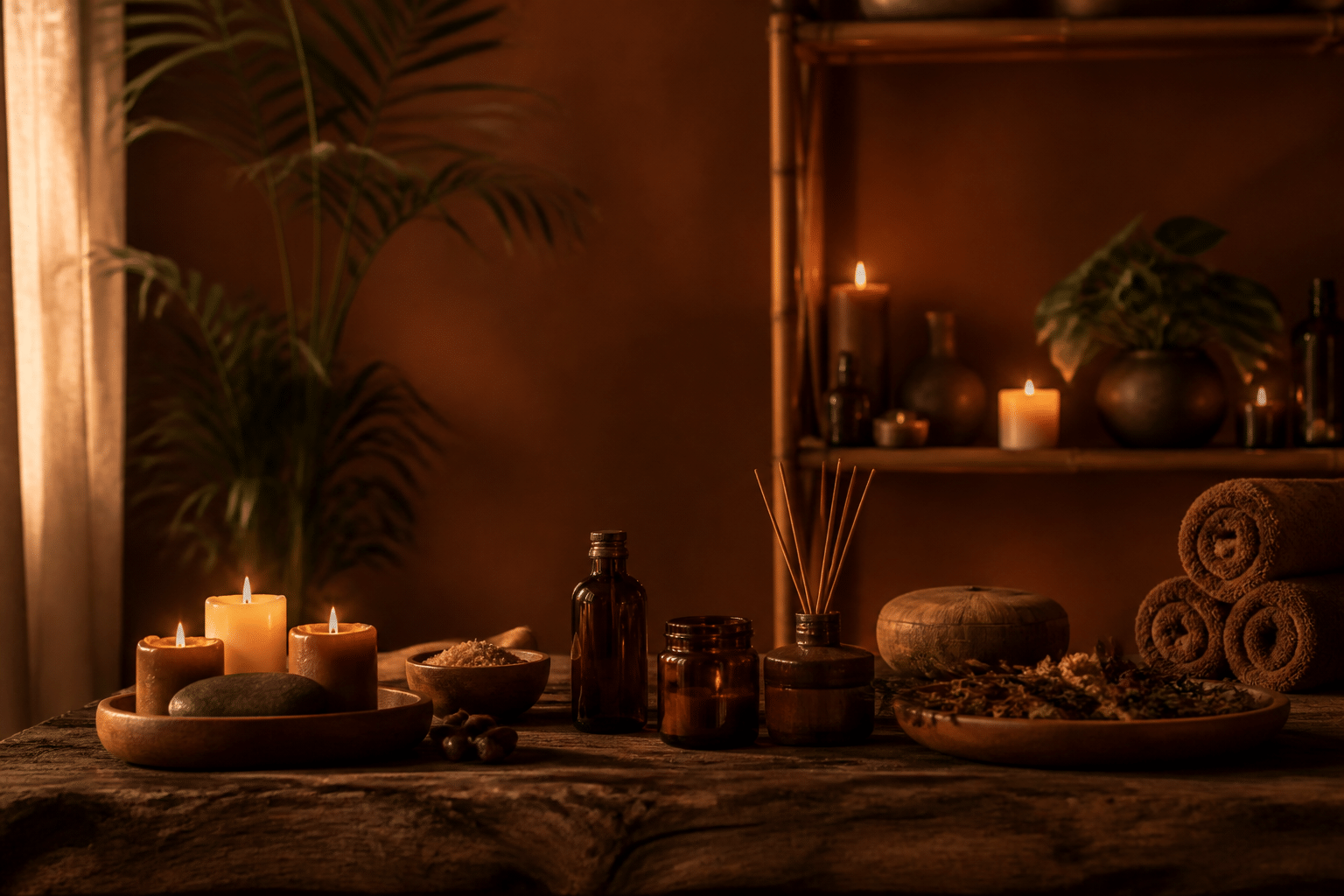 Serene spa and meditation space with lit candles, botanical elements, and wellness ritual products artfully arranged