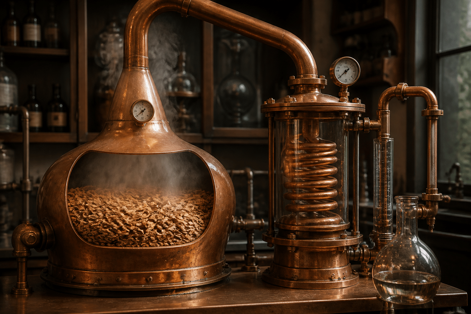 Steam distillation apparatus showing vapor rising from wood chips in copper still with precise laboratory measurements