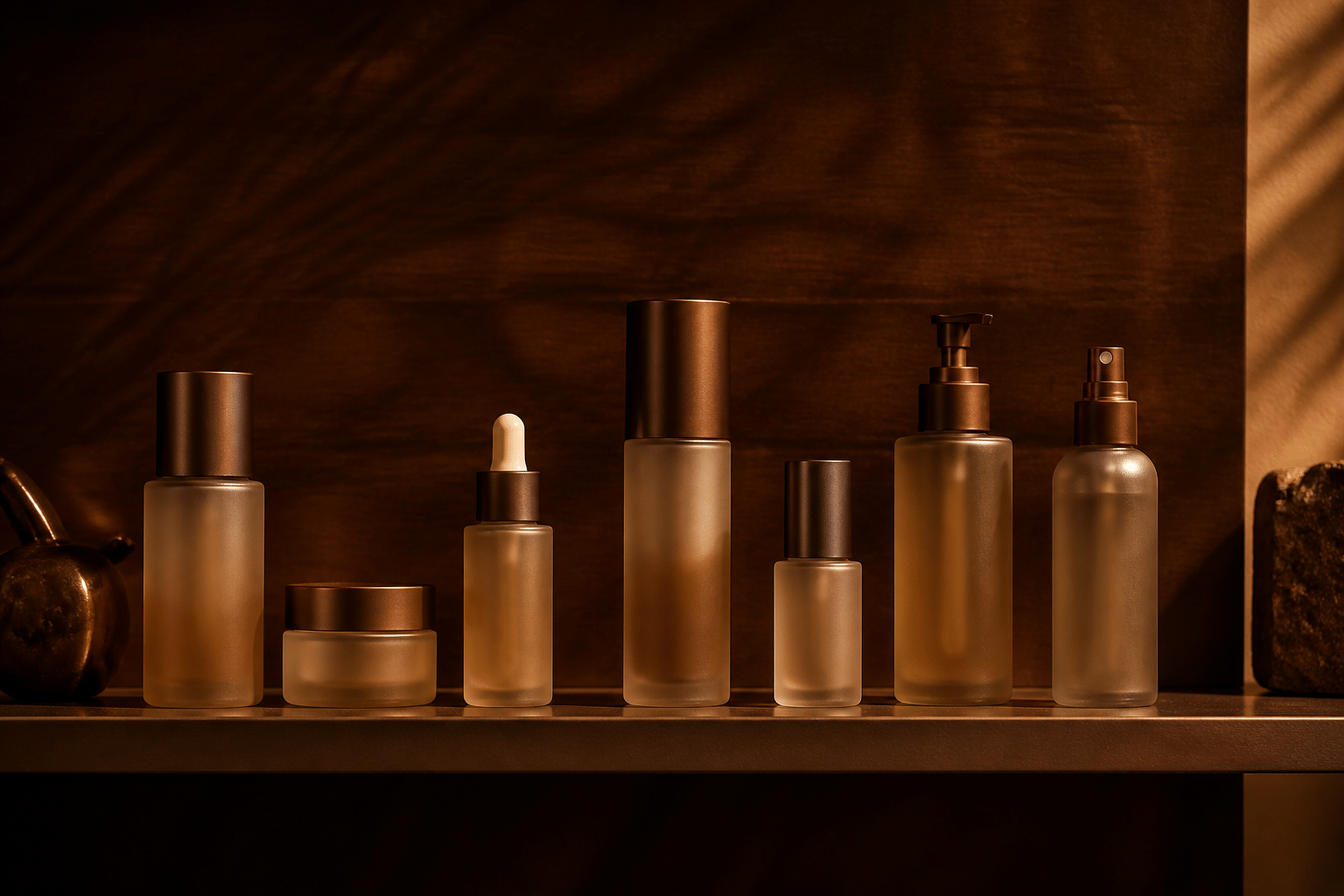 Luxury skincare product bottles and mists on minimalist shelf with warm frosted glass and ambient lighting