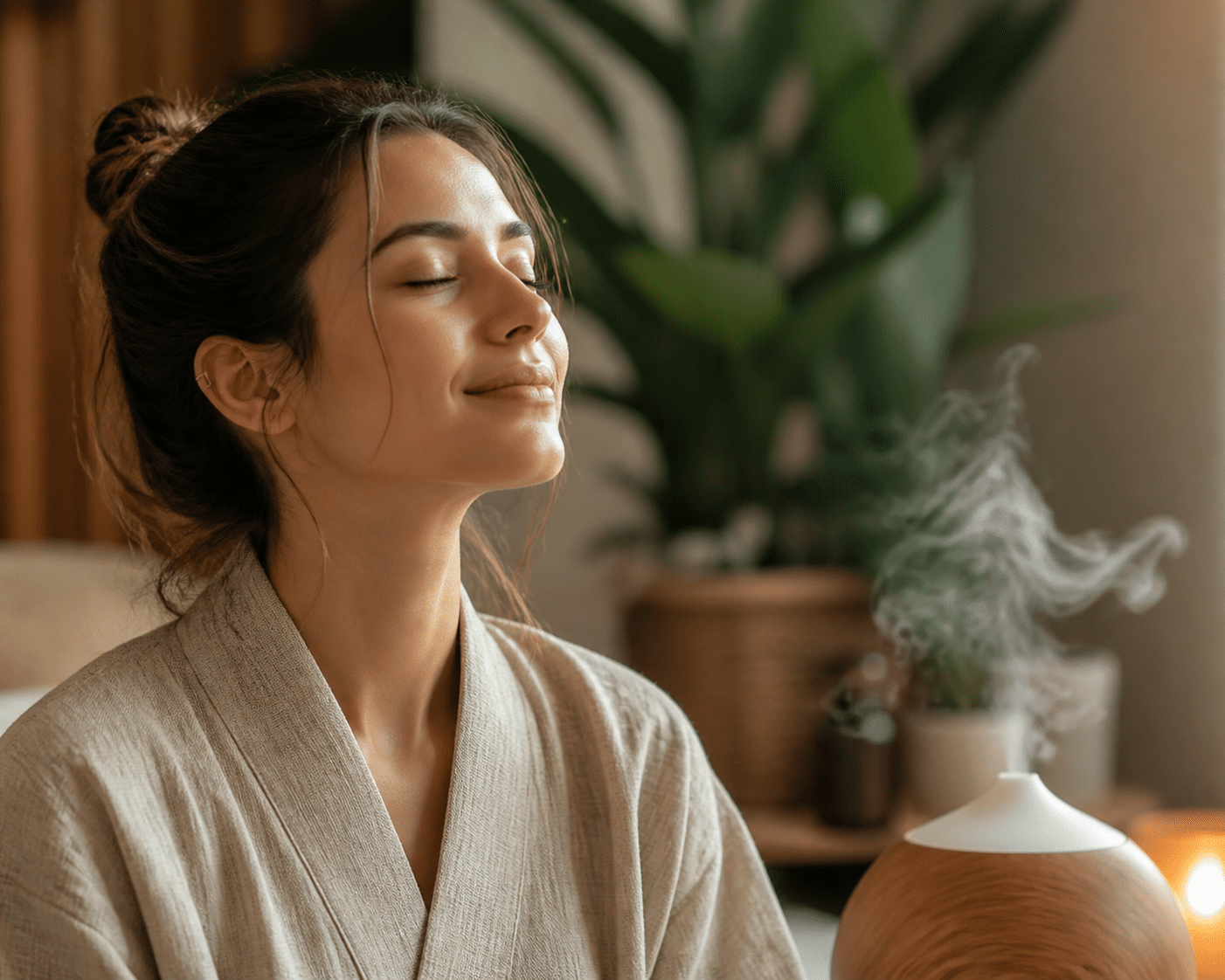 Person in a peaceful, relaxed state during an aromatherapy ritual with soft natural lighting