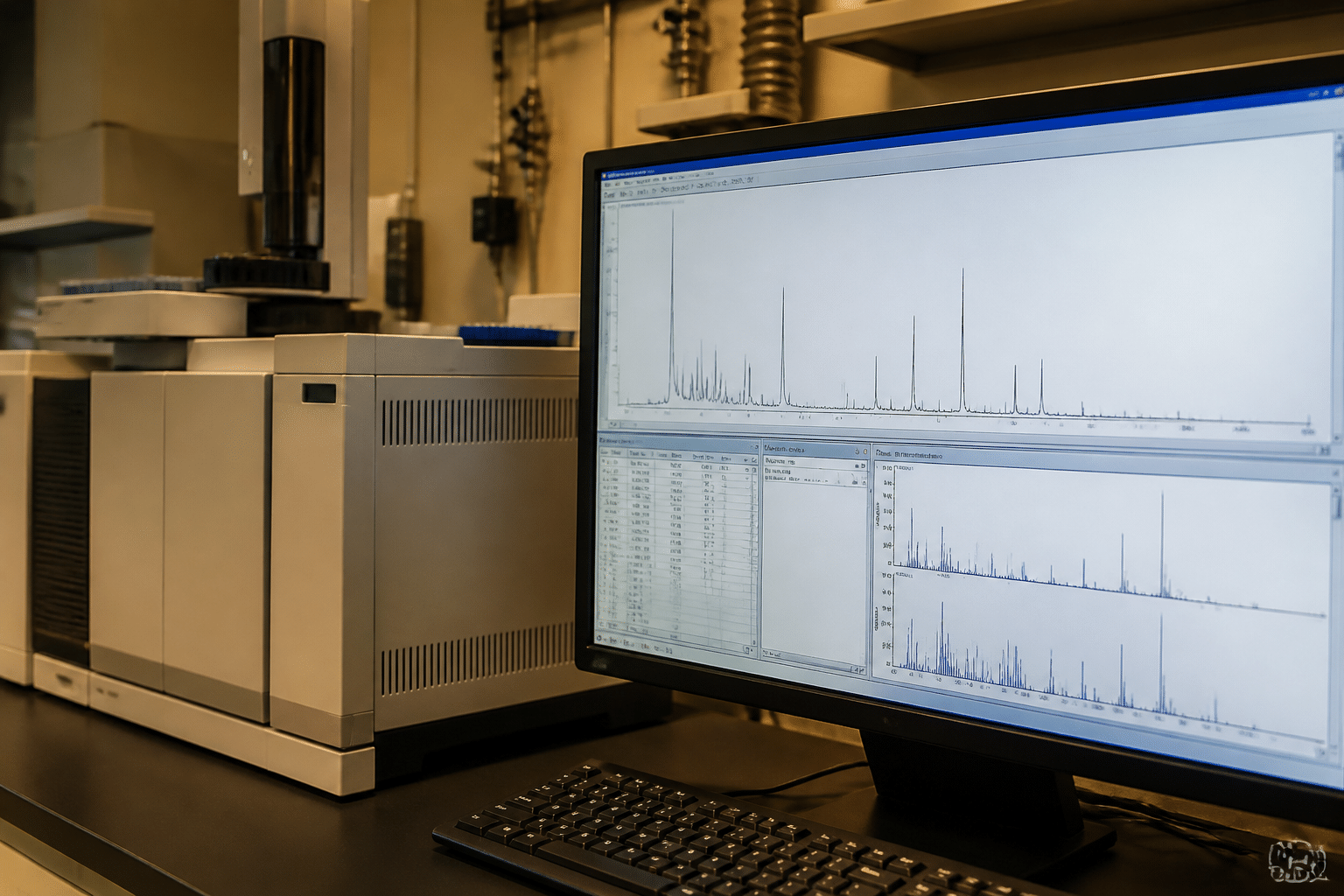 GC/MS chromatography analysis display with laboratory equipment and scientific data visualization