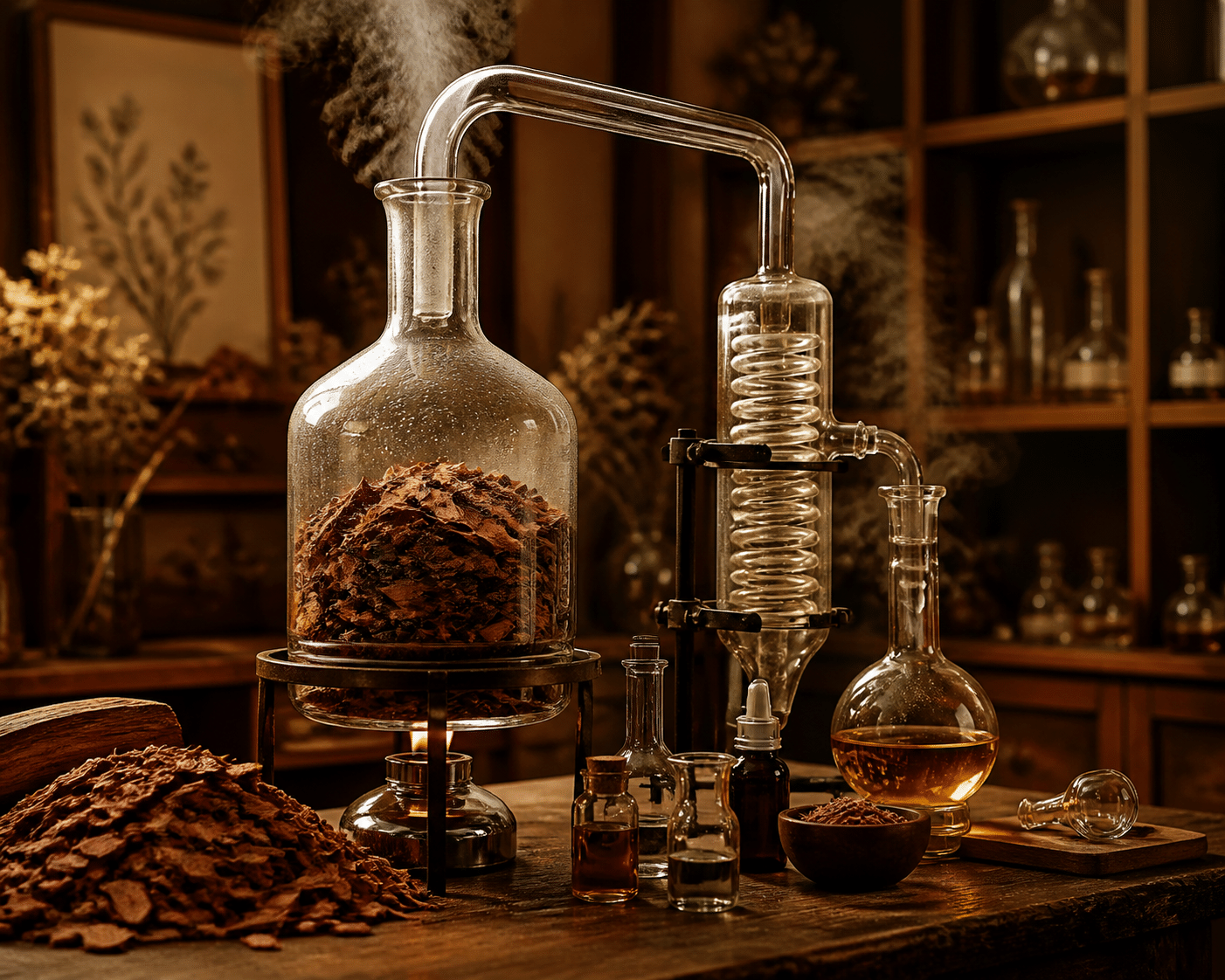 Steam distillation apparatus with sandalwood heartwood chips and aromatic vapor in warm botanical laboratory setting