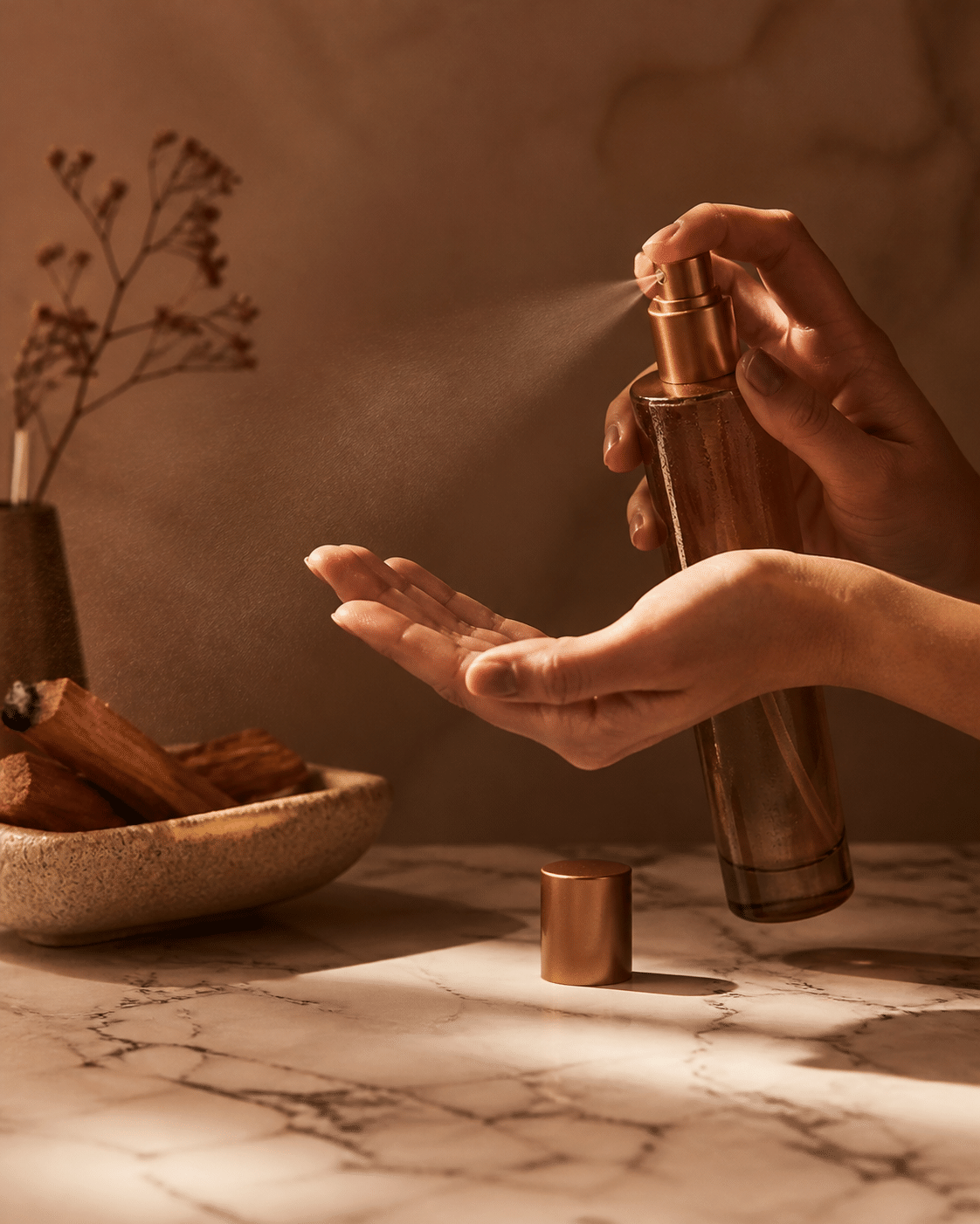 Luxury sandalwood water face mist bottle on marble surface with minimalist aesthetic and premium presentation