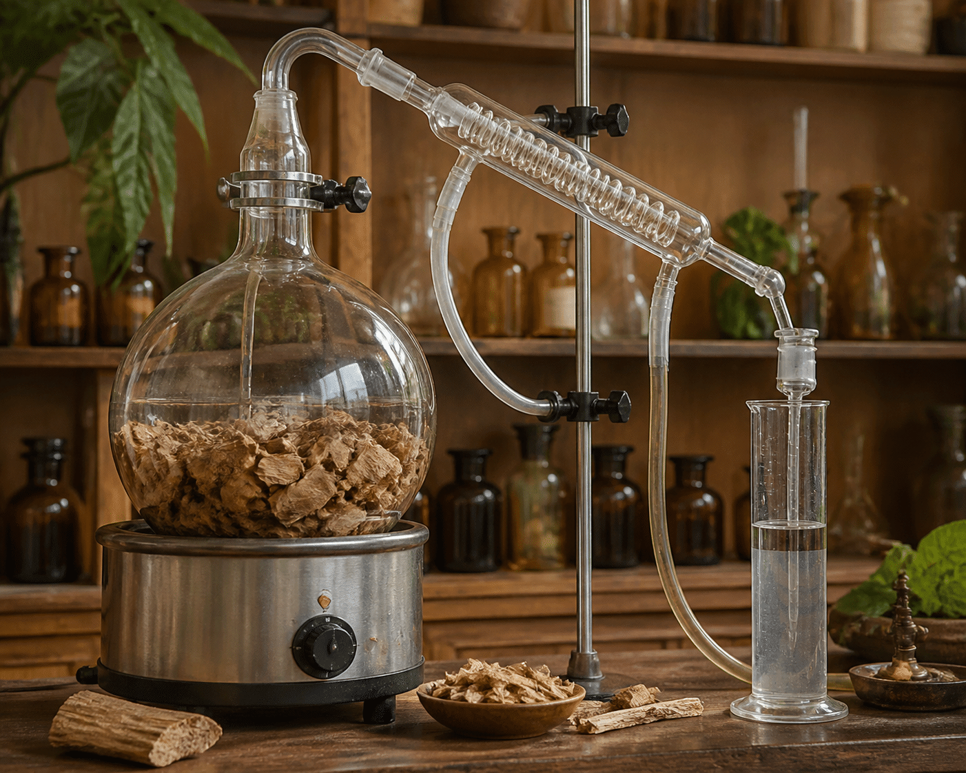Steam distillation apparatus with sandalwood heartwood and glass condenser collecting hydrosol in laboratory setting